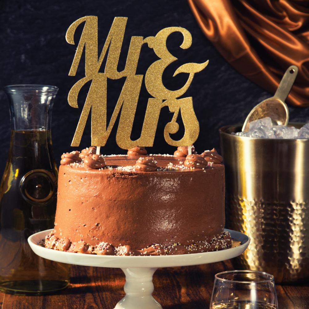 12ct Bulk Gold Glitter Mr & Mrs Cake Toppers