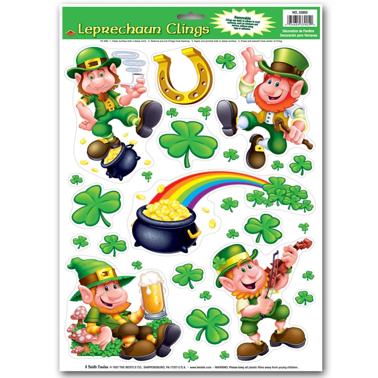St. Patrick's Day Leprechaun/Shamrock Cling Sheets - Bulk/12 Cling Sheets