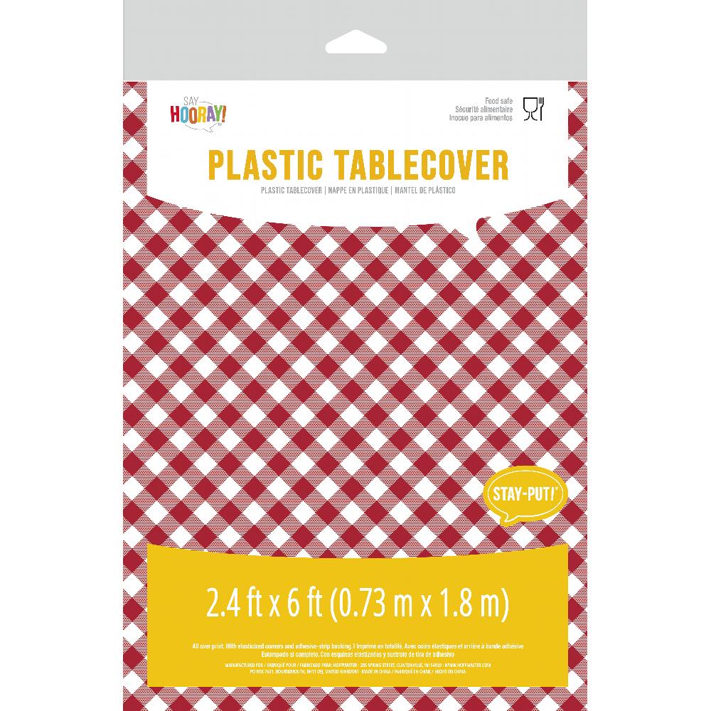 Red and White Gingham 30" x 96" Rectangular Stay Put Plastic tablecover, 1 per Pkg by Creative Converting