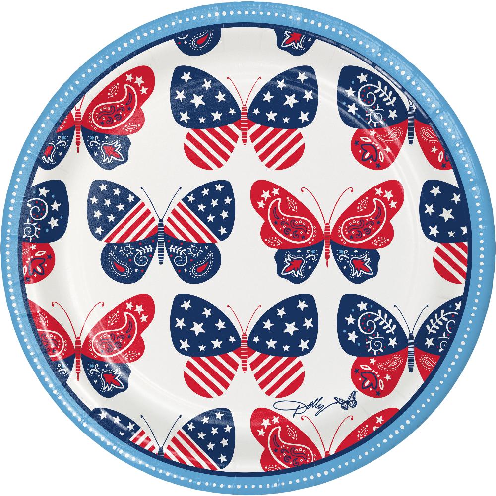 96 pc Bulk Dolly Parton Patriotic Butterflies Dessert Plates