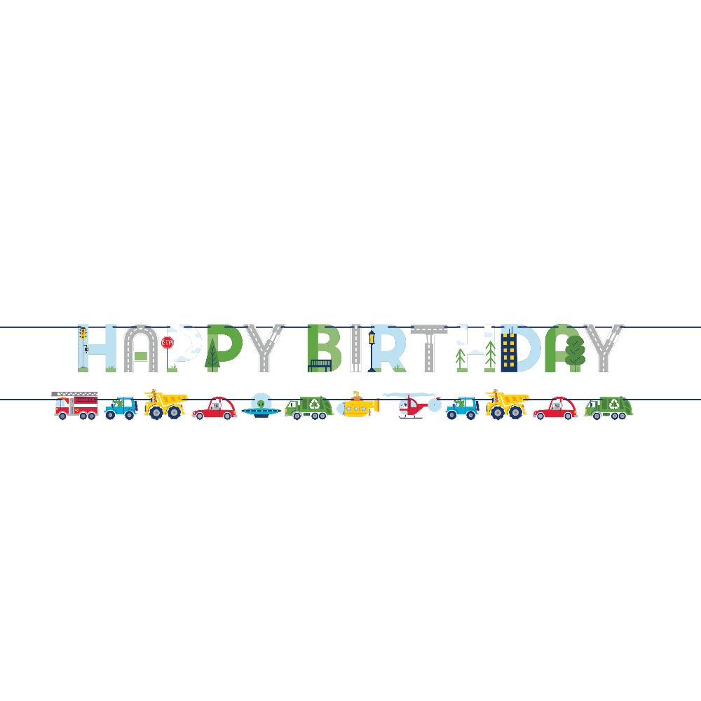 24 pc Bulk Transportation Time City Life Happy Birthday Letter and Vehicle Ribbon Banners