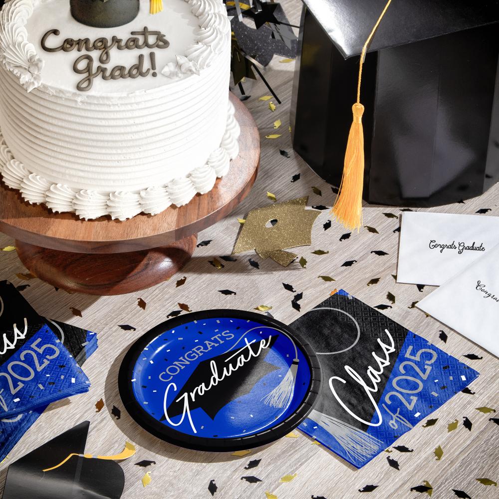 Stylish 6.75 inch dessert plates for graduation parties, includes 18/Pkg, enhances any decor.