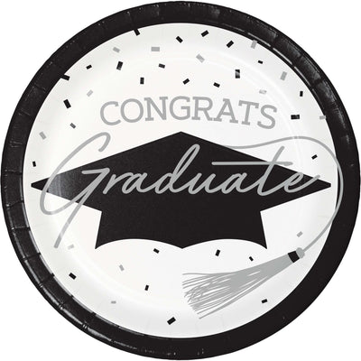 Stylish paper plates for graduation parties, includes 18/Pkg, enhances any decor.