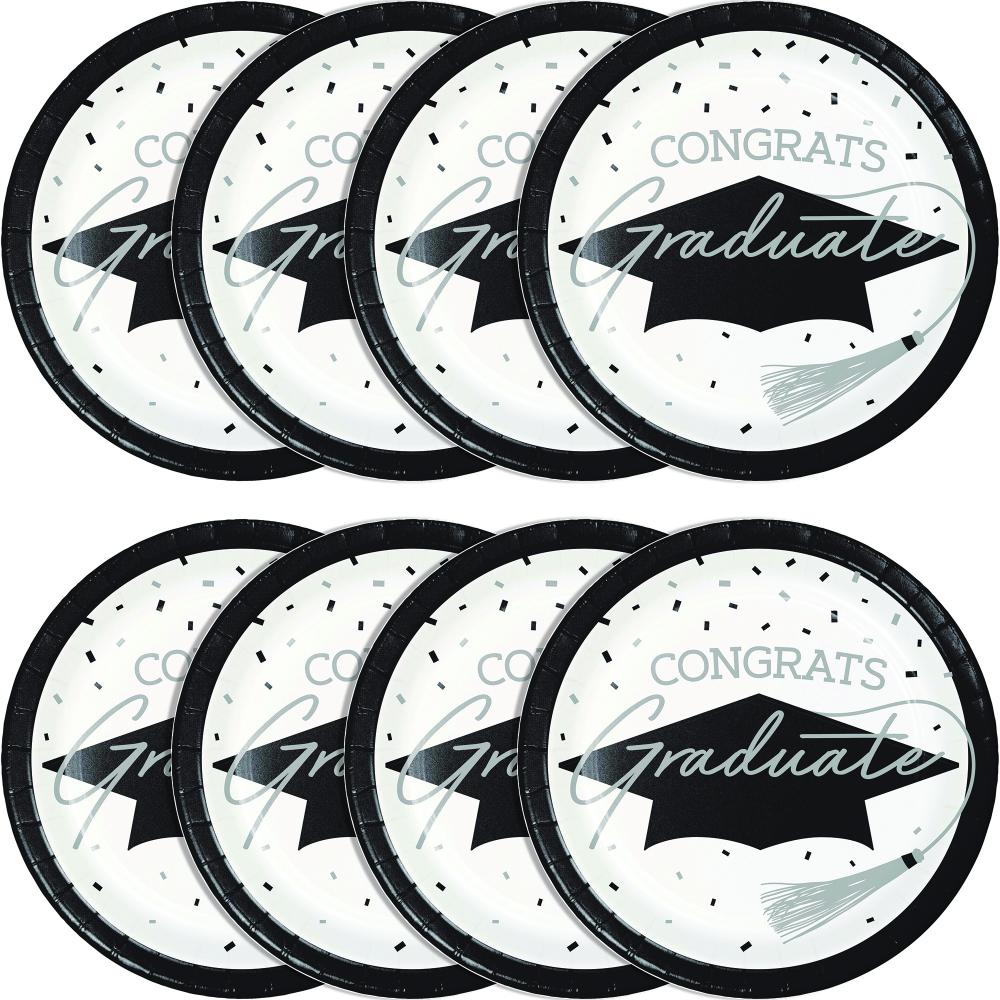 Stylish paper plates for graduation parties, includes 18/Pkg, enhances any decor.