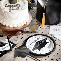 Stylish paper plates for graduation parties, includes 18/Pkg, enhances any decor.