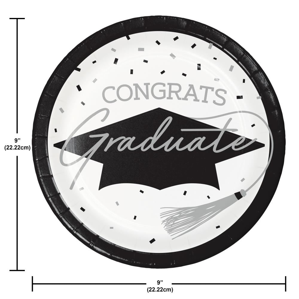 Stylish paper plates for graduation parties, includes 18/Pkg, enhances any decor.