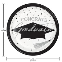 Stylish paper plates for graduation parties, includes 18/Pkg, enhances any decor.