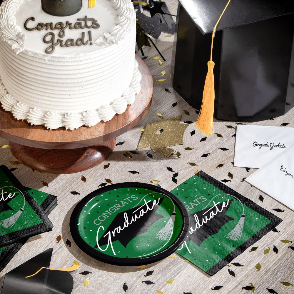 Graduation-themed 6.75 inch dessert plates, contains 18/Pkg, designed to impress.