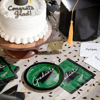 Graduation-themed 6.75 inch dessert plates, contains 18/Pkg, designed to impress.
