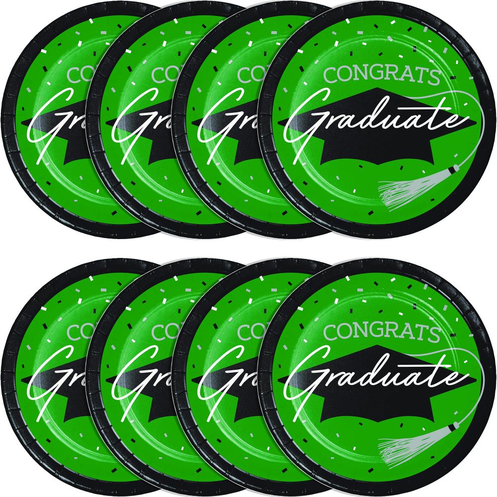 Graduation-themed 6.75 inch dessert plates, contains 18/Pkg, designed to impress.