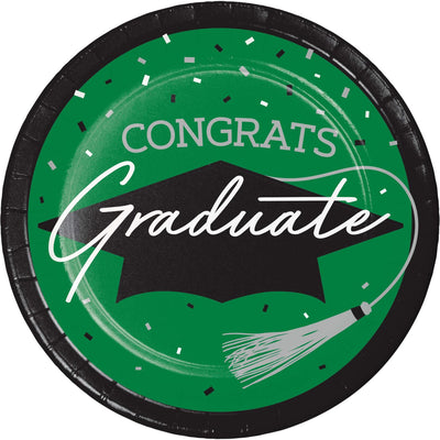 Graduation-themed 6.75 inch dessert plates, contains 18/Pkg, designed to impress.