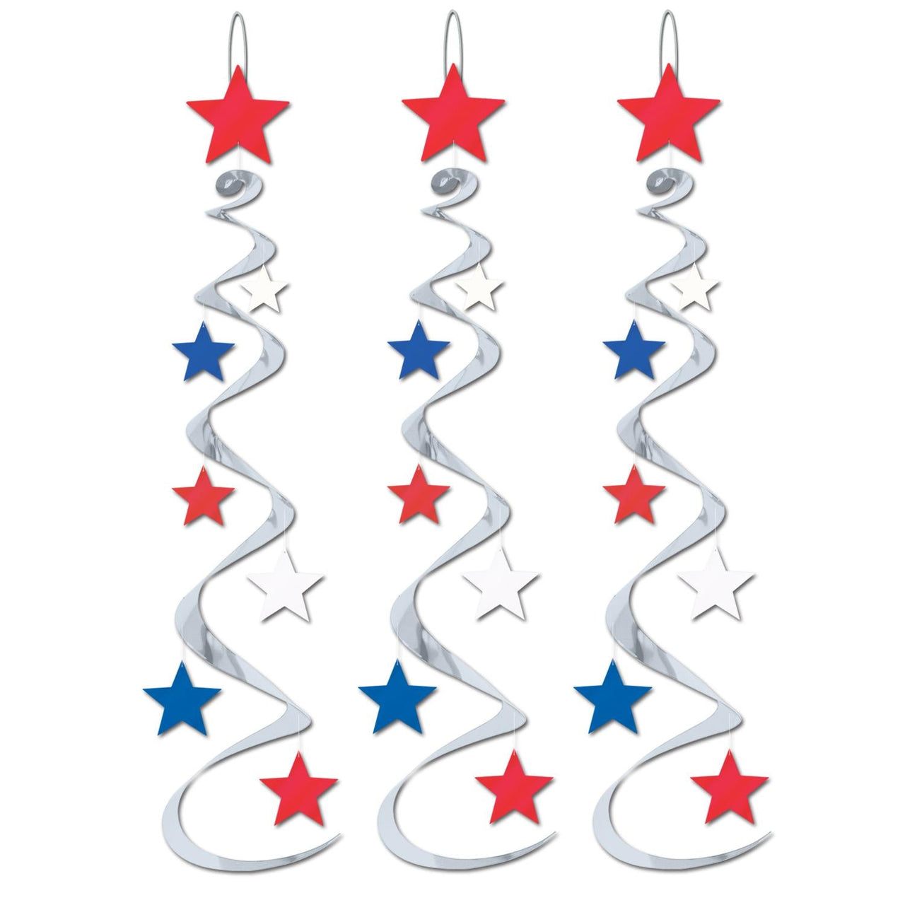 Star Party Whirls silver with red - white - blue stars - Bulk/18 Whirls