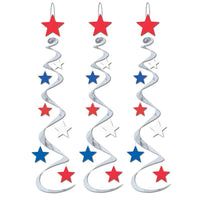 Star Party Whirls silver with red - white - blue stars - Bulk/18 Whirls