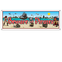 Beware Of Pirates Party Sign Banner with Design - Bulk 12 Pack