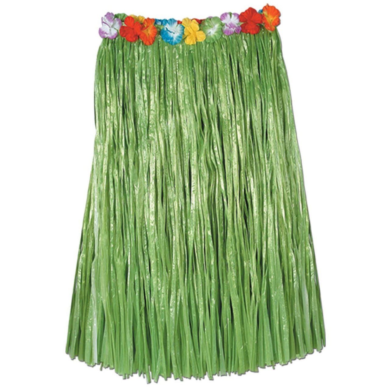Adult Artificial Grass Hula Skirt - green - with floral waistband - Bulk 12 Pack