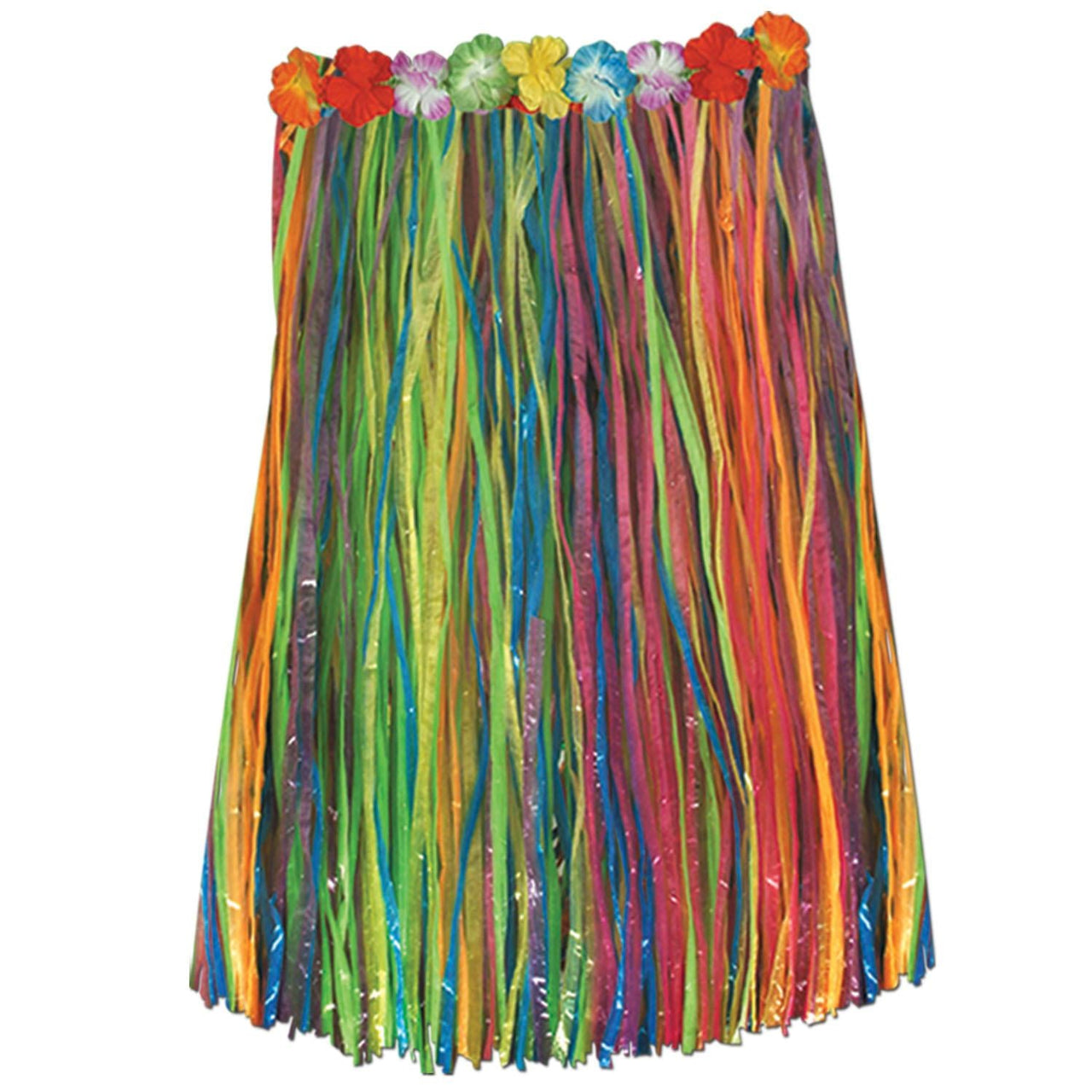 Adult Artificial Grass Hula Skirt - multi-color - with floral waistband - Bulk 12 Pack