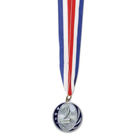 2nd Place Medal with Ribbon - silver - Bulk 12 Pack