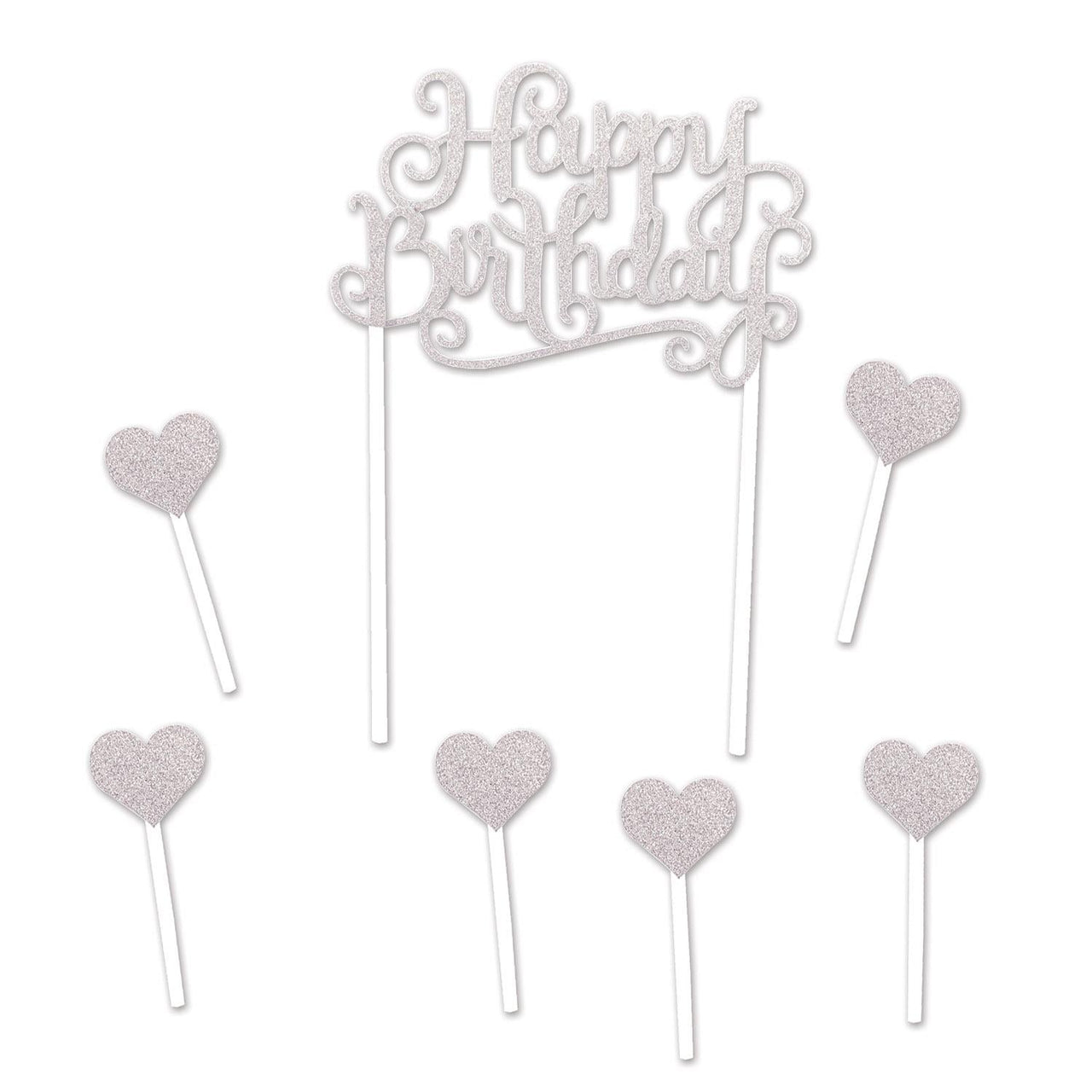 Happy Birthday Party Cake Topper- Silver - Bulk 12 Pack