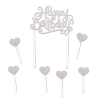 Happy Birthday Party Cake Topper- Silver - Bulk 12 Pack