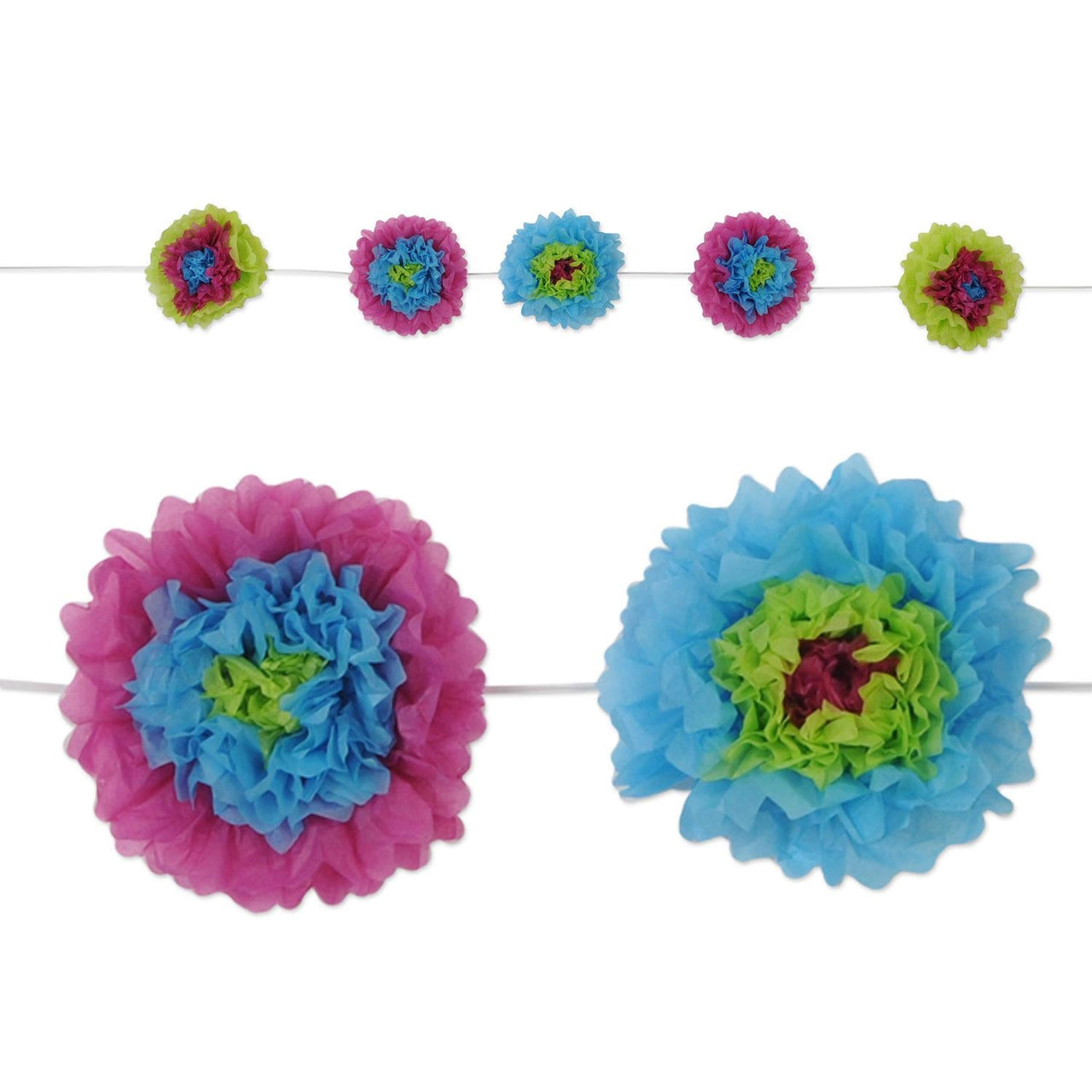Tissue Flower Party Garland - blue - lime green - purple - Bulk 6 Pack