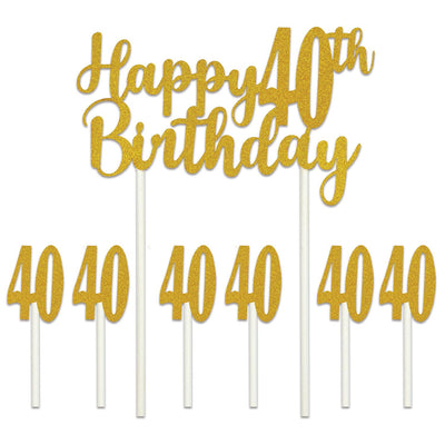 Happy 40th Birthday Party Cake Topper - Bulk 12 Pack