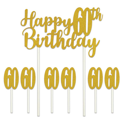 Happy 60th Birthday Party Cake Topper - Bulk 12 Pack