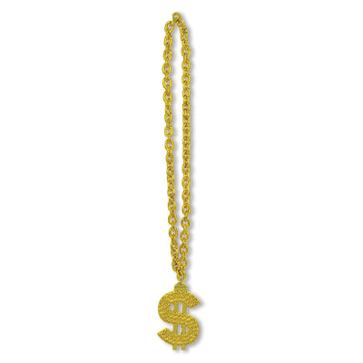 Gold Chain Party Bead Necklaces with $ Medallion - Bulk 12 Pack