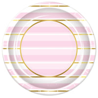 Pink Striped Paper Plates 9 inch - Bulk 96 Pack