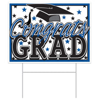 Plastic Blue Congrats Grad Graduation Party Yard Sign - Bulk 6 Pack