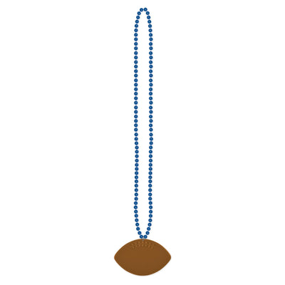 Blue Party Bead Necklaces with Football Medallion - Bulk 12 Pack