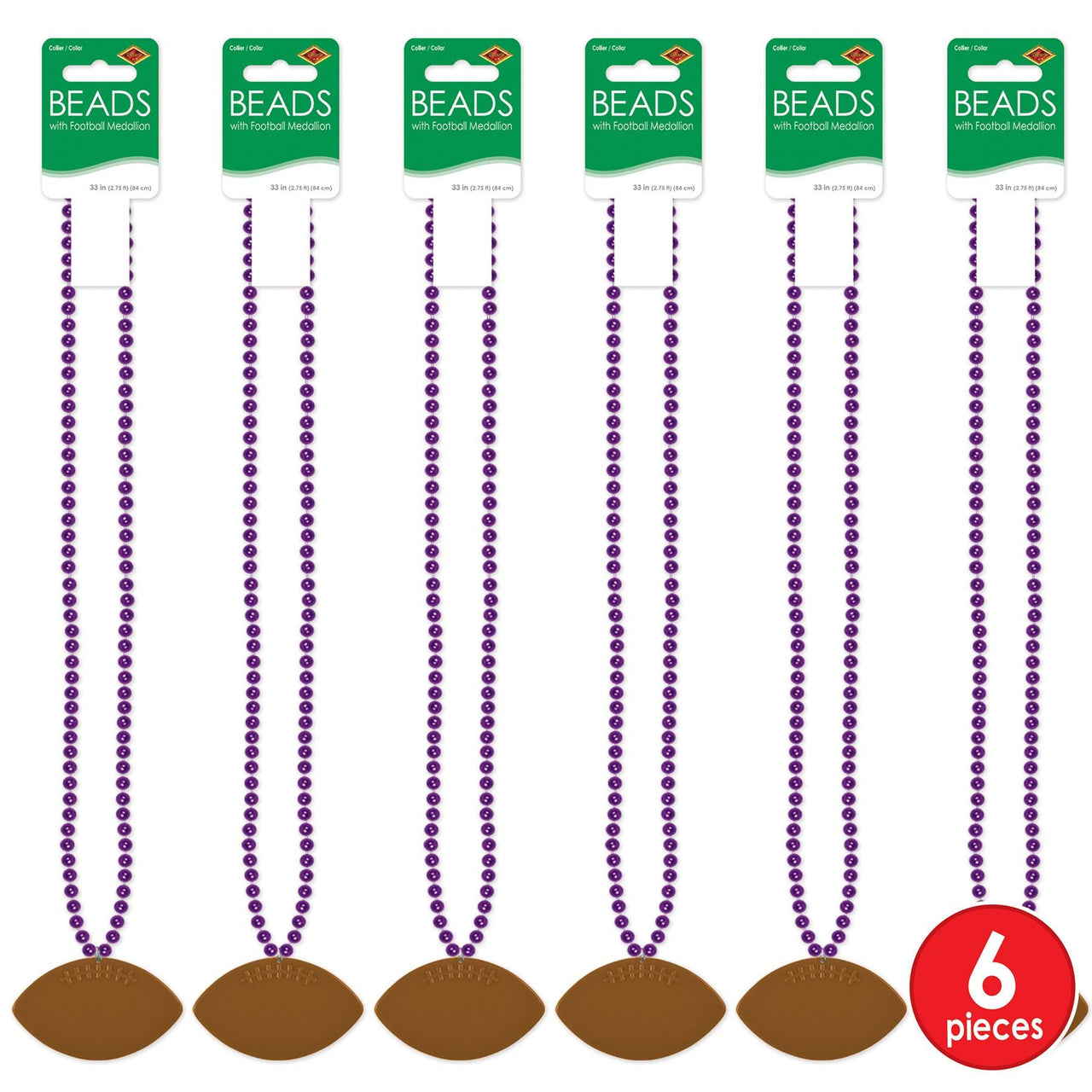 Bulk Purple Bead Necklaces with Football Medallion (Case of 12) by Beistle