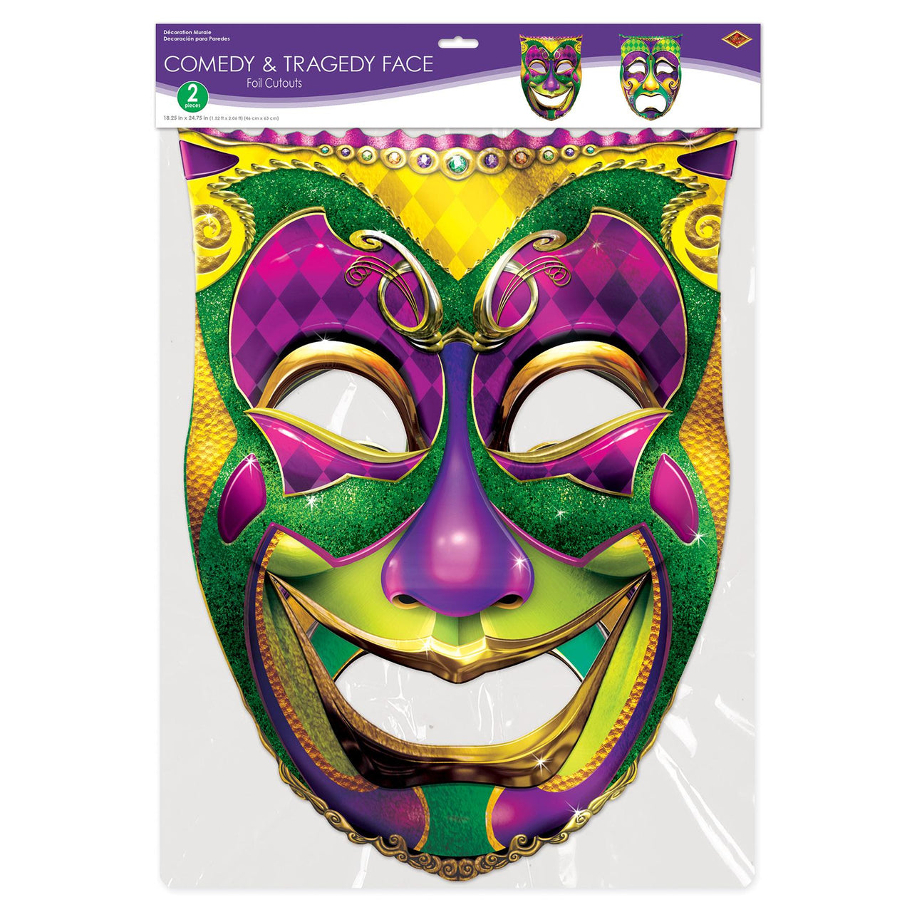 Bulk Mardi Gras Jumbo Foil Comedy & Tragedy Face Cutouts (12 Pkgs Per Case) by Beistle