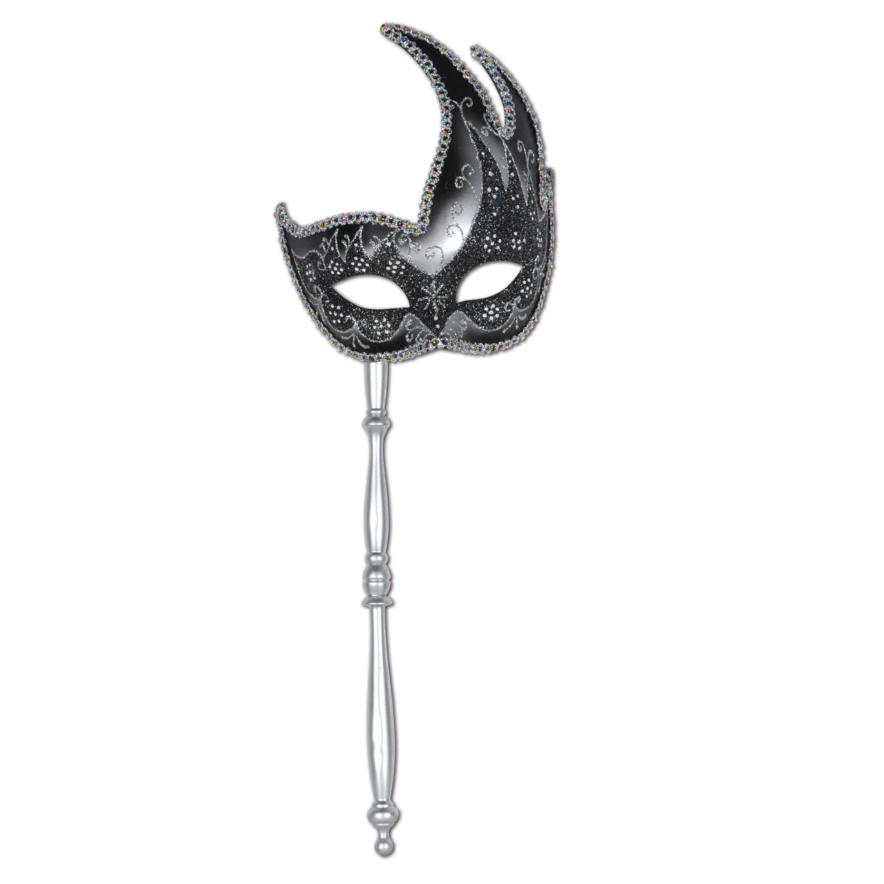 Mardi Gras Glittered Mask with Stick - silver - sticks attached - Bulk 12 Pack