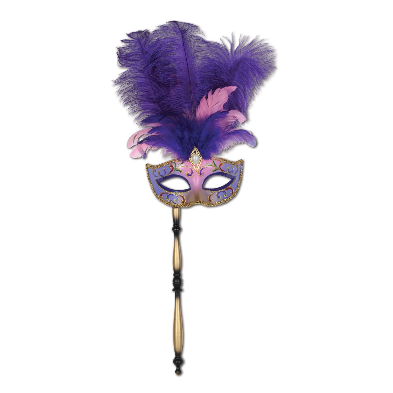 Glitttered Feather Mardi Gras Costume Mask with Stick- Purple - Bulk 12 Pack