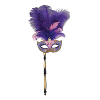 Glitttered Feather Mardi Gras Costume Mask with Stick- Purple - Bulk 12 Pack
