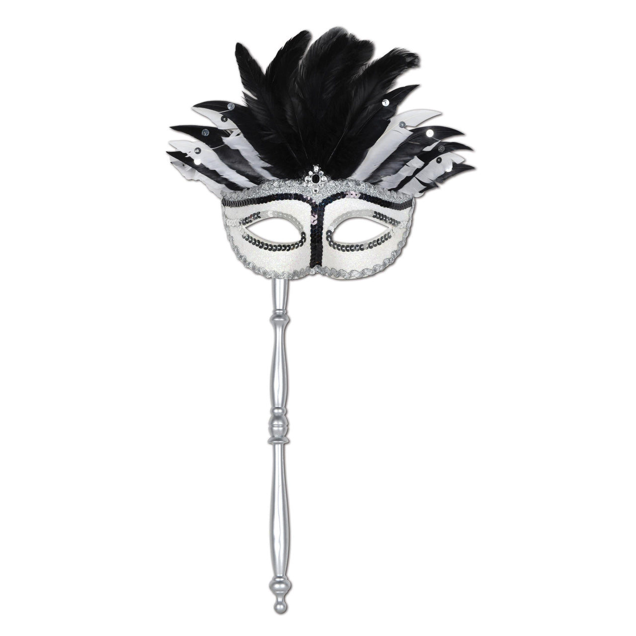 Glittered Feather Mardi Gras Costume Mask with Stick - Bulk 12 Pack