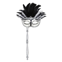 Glittered Feather Mardi Gras Costume Mask with Stick - Bulk 12 Pack