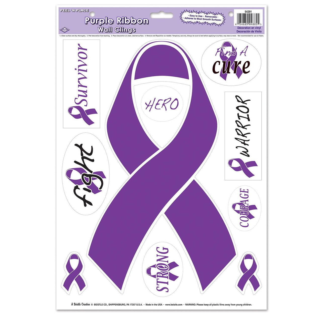 Purple Ribbon/Find A Cure Peel 'N Place Cling Sheets - Bulk/12 Cling Sheets
