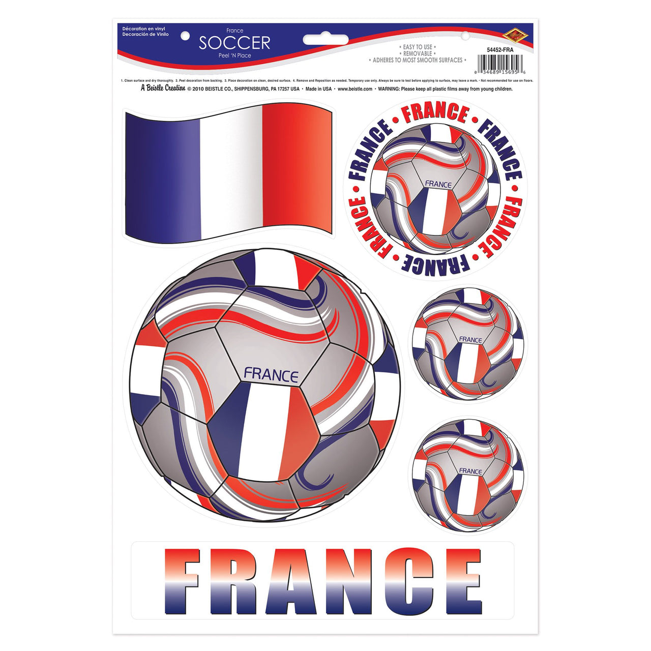 12 Pack Bulk France Soccer Peel 'N Place Decals