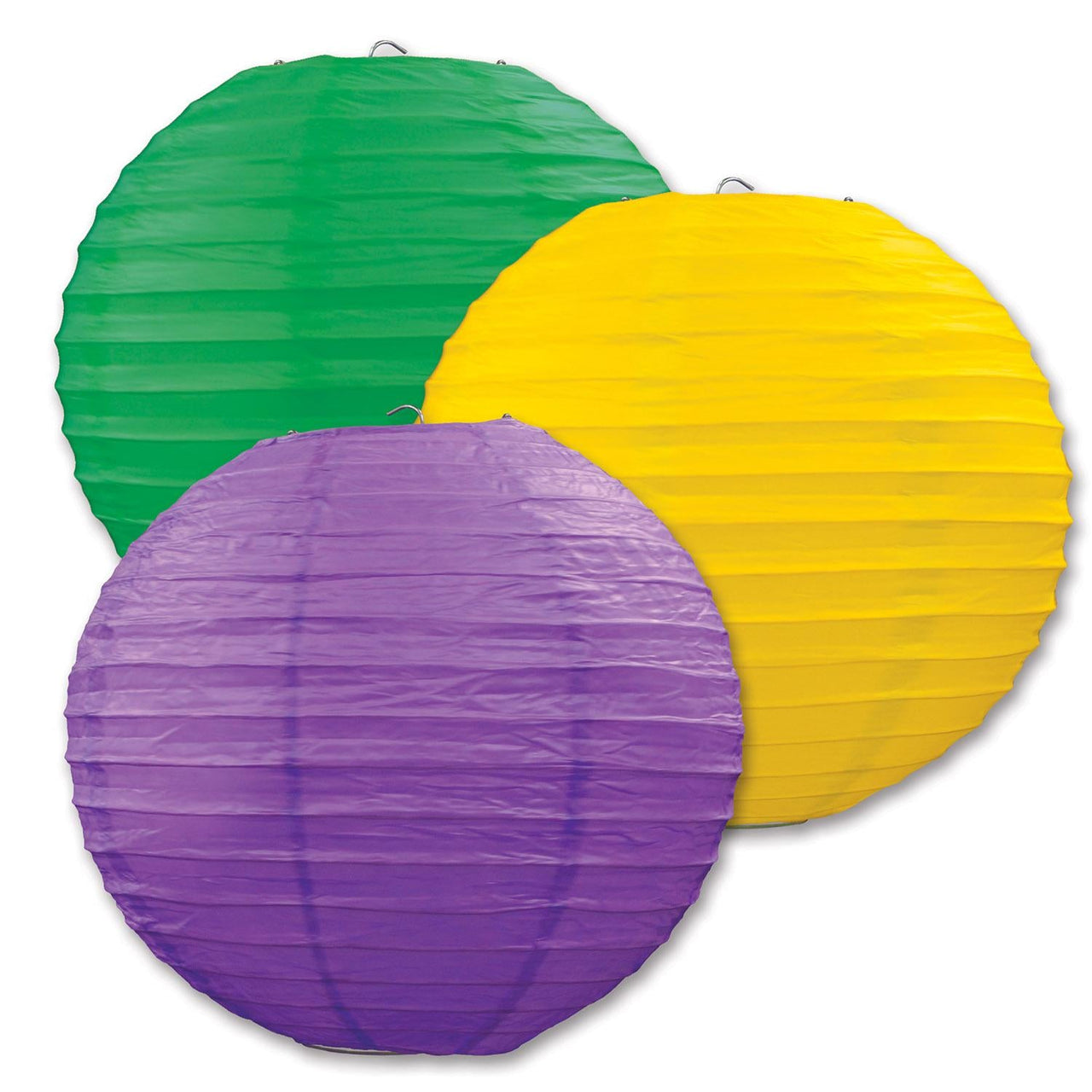 Mardi Gras Paper Lanterns - Asst golden-yellow - green - purple - Bulk 18 Pack