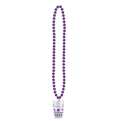 Bead Necklace with Grad Graduation Party Glass - purple - Bulk 12 Pack