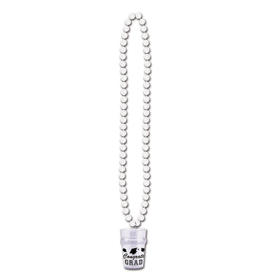 Graduation Party Bead Necklaces with Grad Glass - White - Bulk 12 Pack