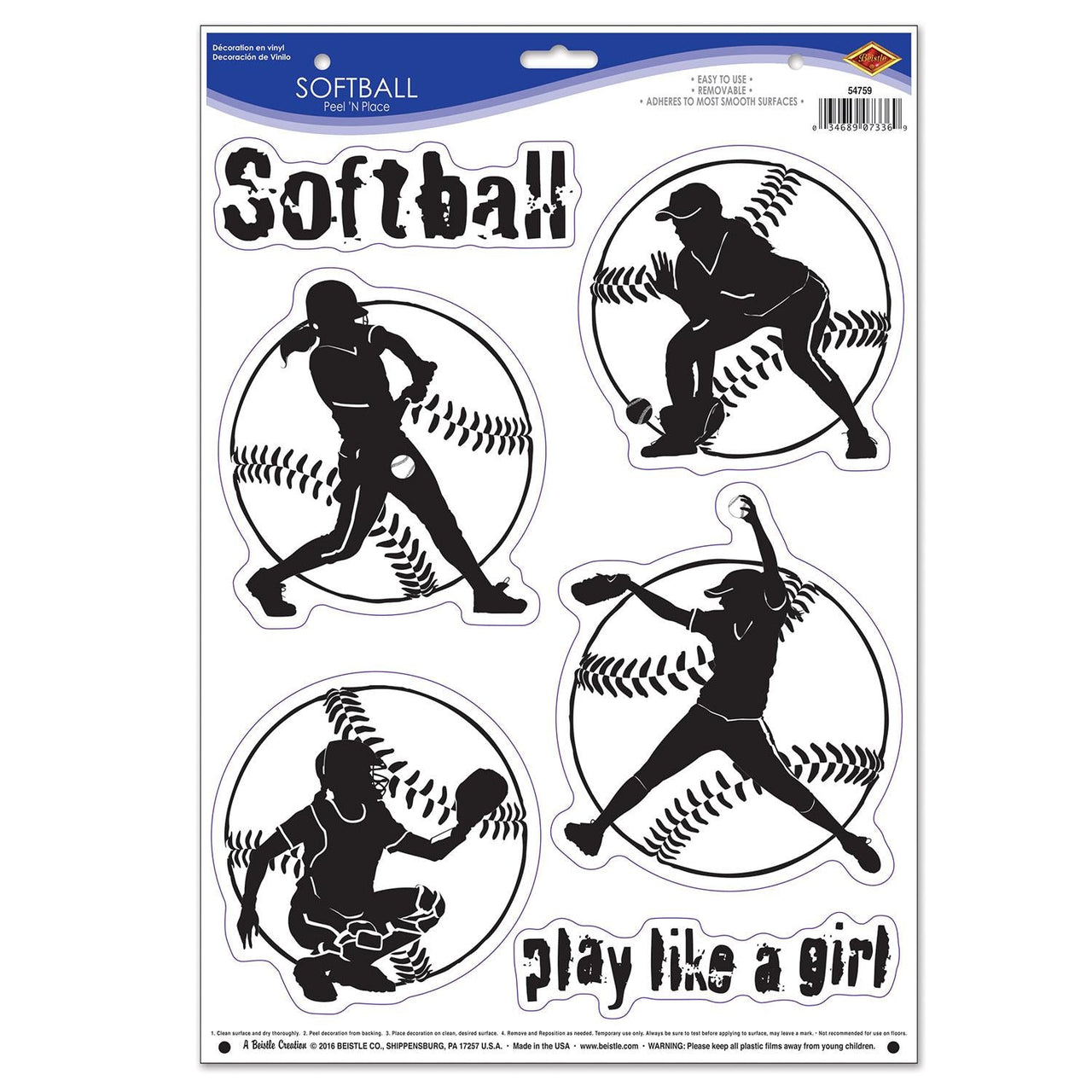 Softball Party Peel 'N Place Clings - Bulk/72 Clings