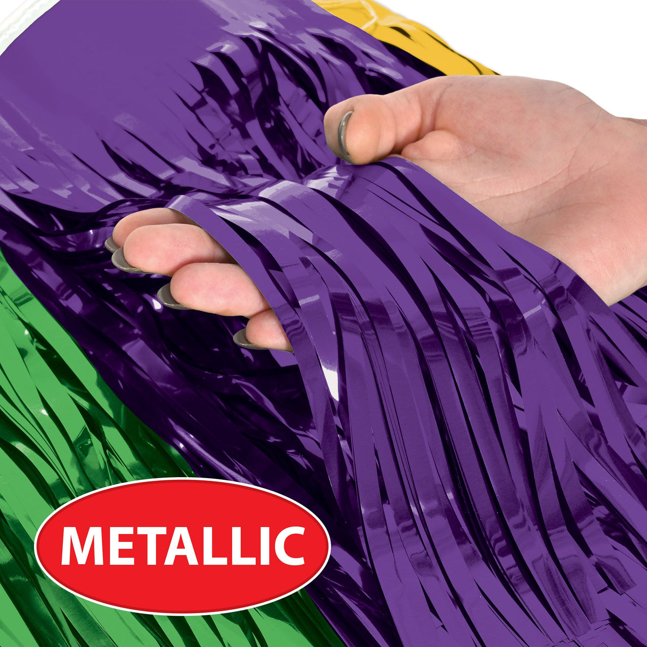 6 Pack Bulk Mardi Gras Metallic Fringe Drape Gold, Green, Purple (15 inch x 10 ft)