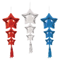 Star Balloons with Tassels Asst red, silver, blue - Bulk 18 Pack