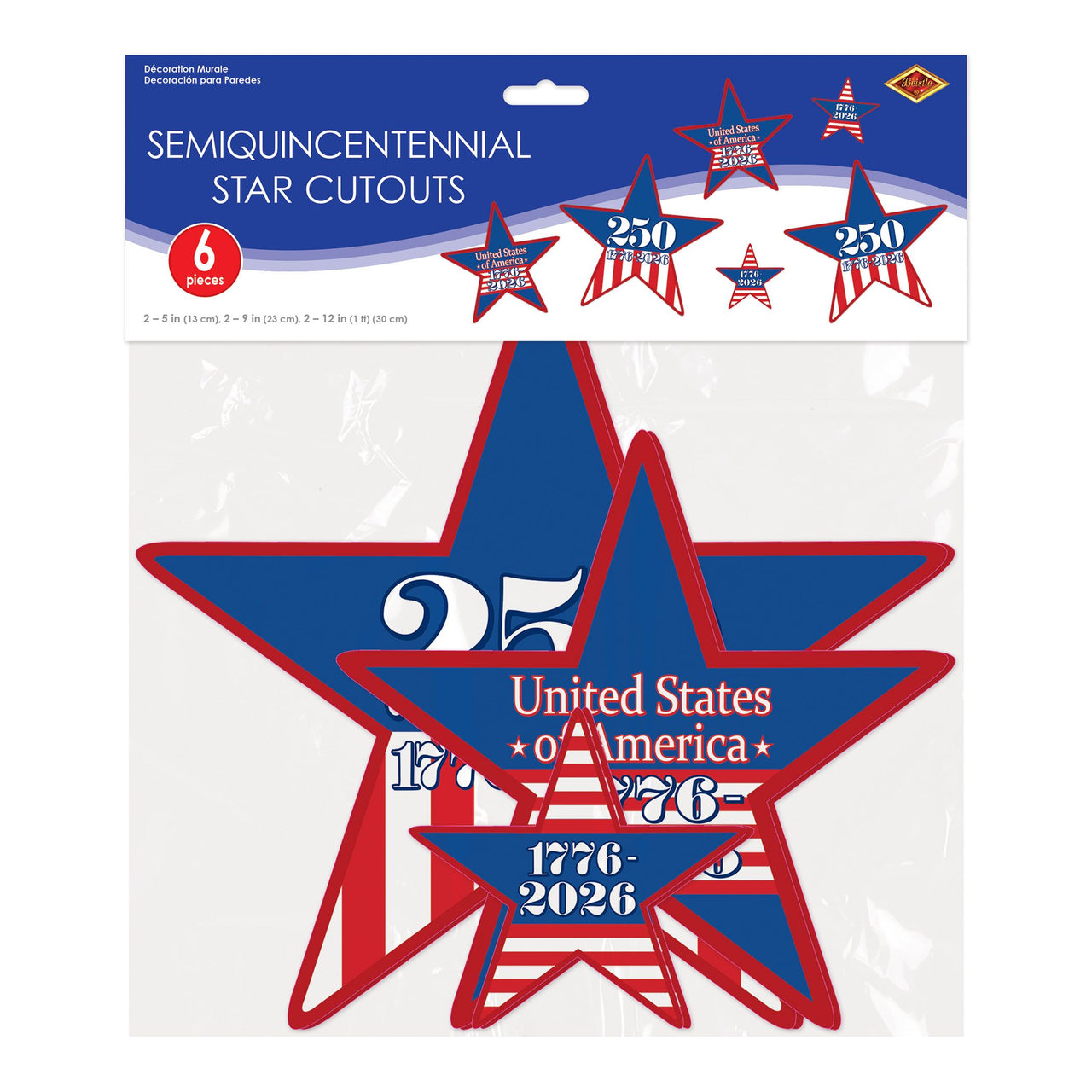 72 Pack Bulk Patriotic Semiquincentennial Star Cutouts Assorted Sizes