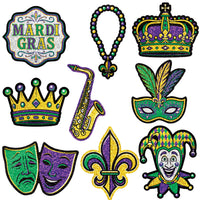 Mini Mardi Gras Glitter Cutouts - Double-Sided Decor (9-Pack)