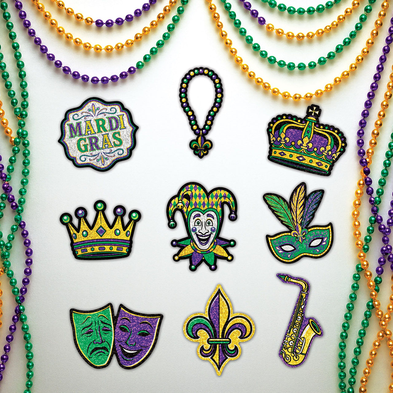 216 Pack Bulk Mini Mardi Gras Glitter Cutouts Double-Sided Decor