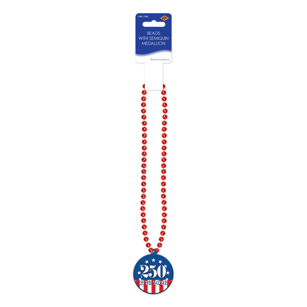 12 Pack Bulk Semiquincentennial Patriotic Beads with Medallion 33 Inch