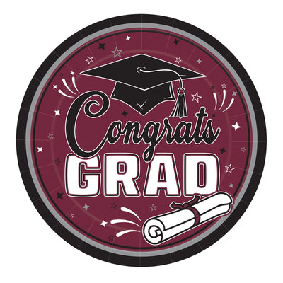 Congrats Grad Burgundy 9" Dinner Plates - 18 Pcs